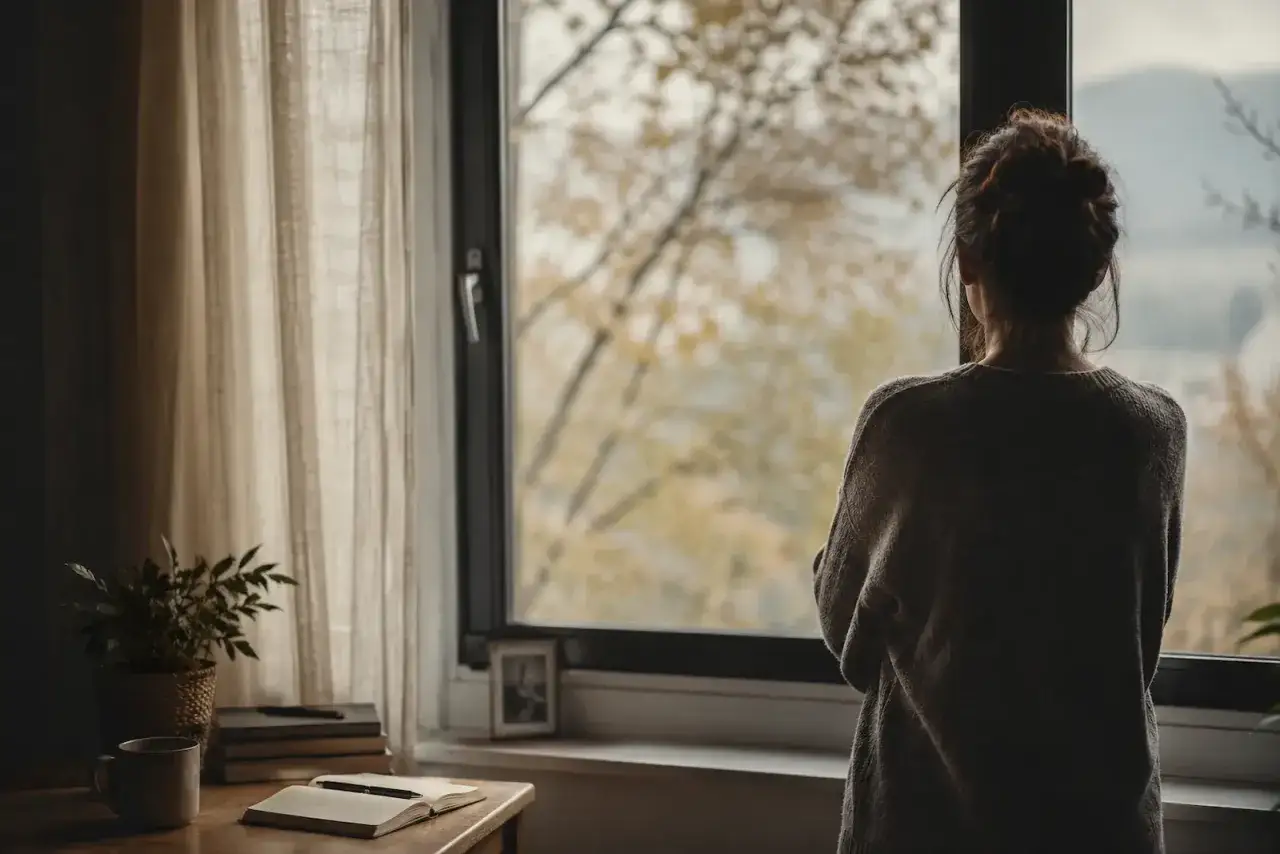Una donna guarda fuori dalla finestra, riflettendo su come ci si sente dopo una seduta di psicoterapia. La luce soffusa e la natura autunnale creano un'atmosfera di calma e introspezione.