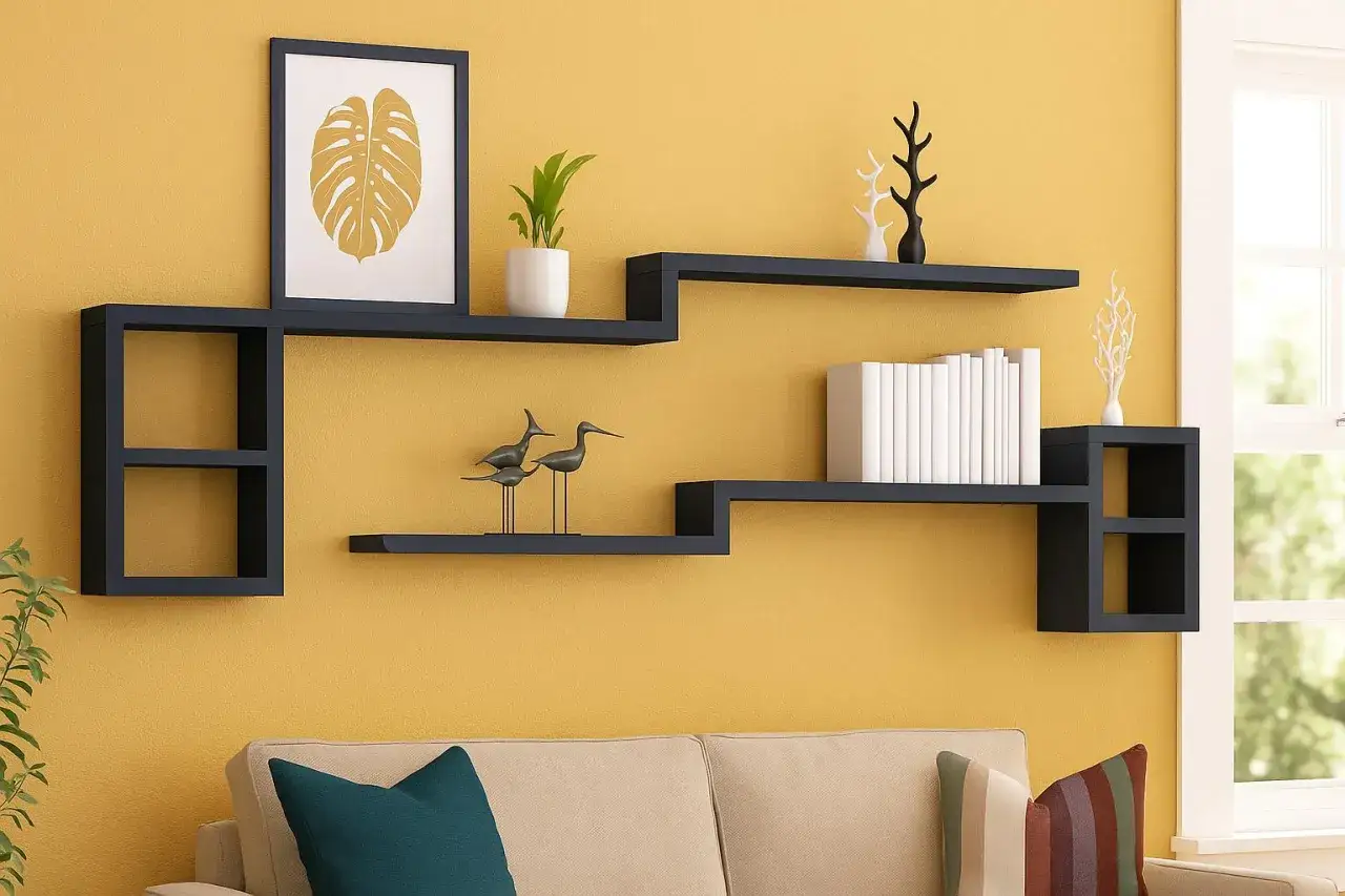 Scaffali neri a zig-zag con quadri, libri e decorazioni. Un modo originale per appendere quadri e oggetti, creando un effetto dinamico sulla parete gialla.