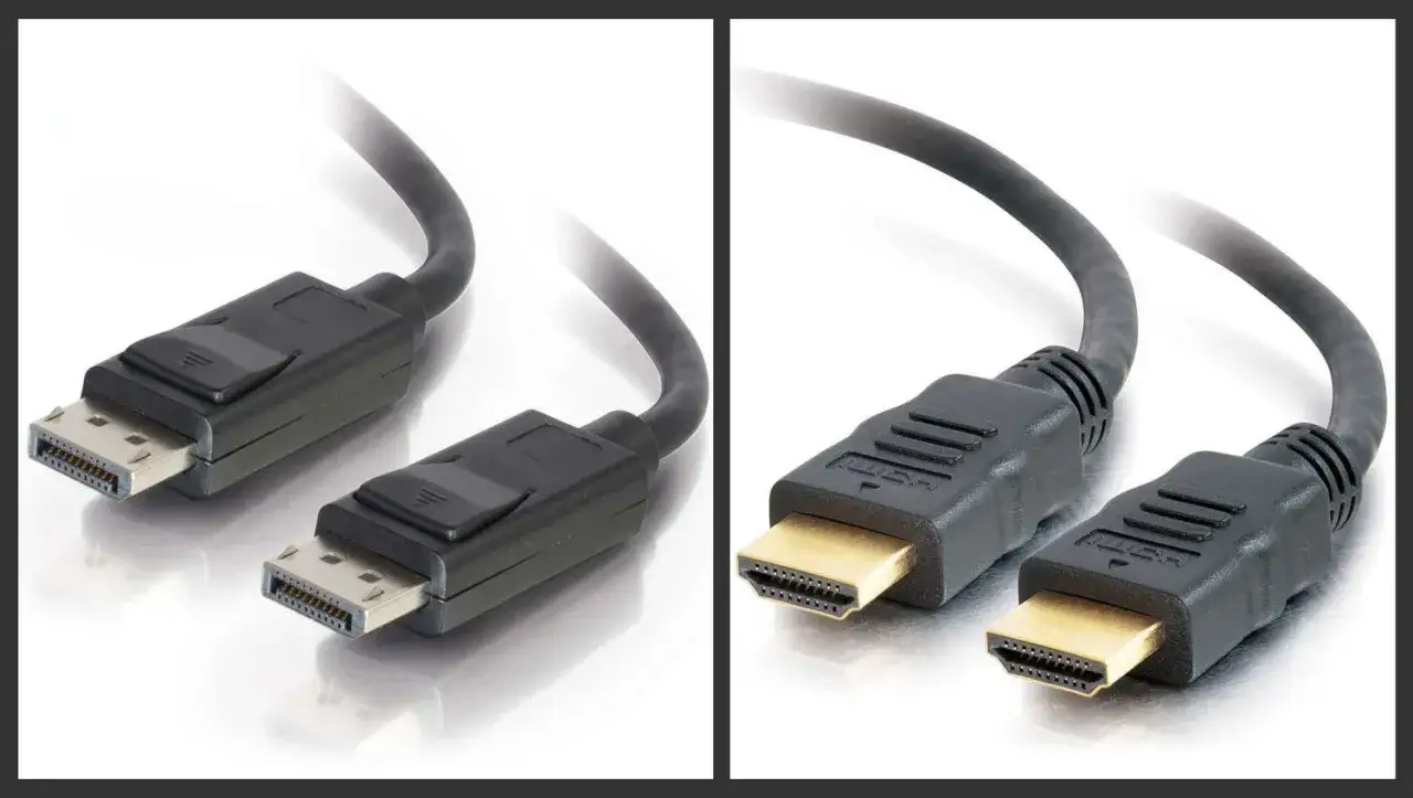Porównanie złączy: DisplayPort vs HDMI. Dwa kable DisplayPort obok dwóch kabli HDMI.