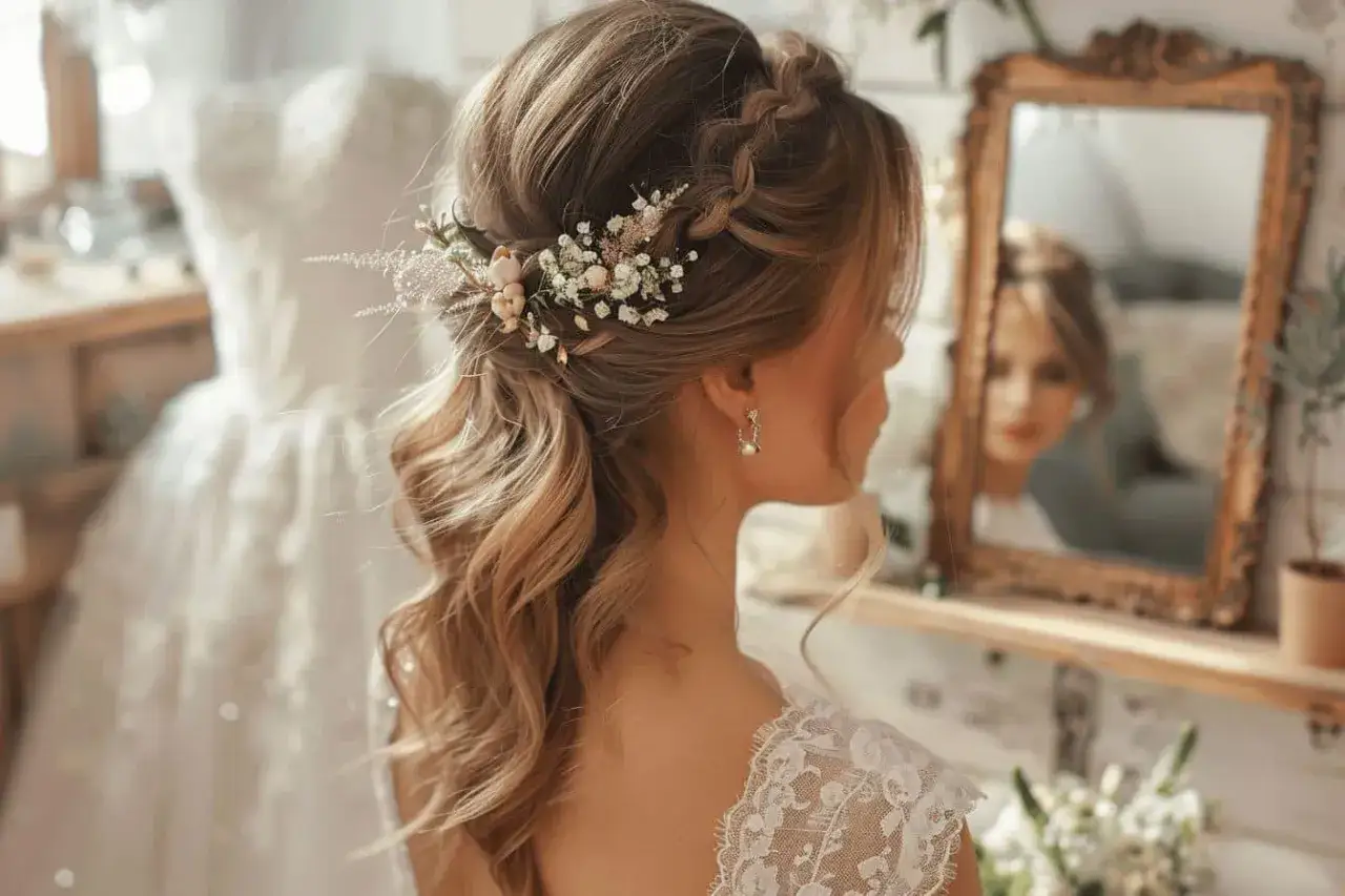 Coiffure mariage cheveux lâchés avec tresse et fleurs. La mariée se regarde dans un miroir, sa robe de mariée est visible en arrière-plan.