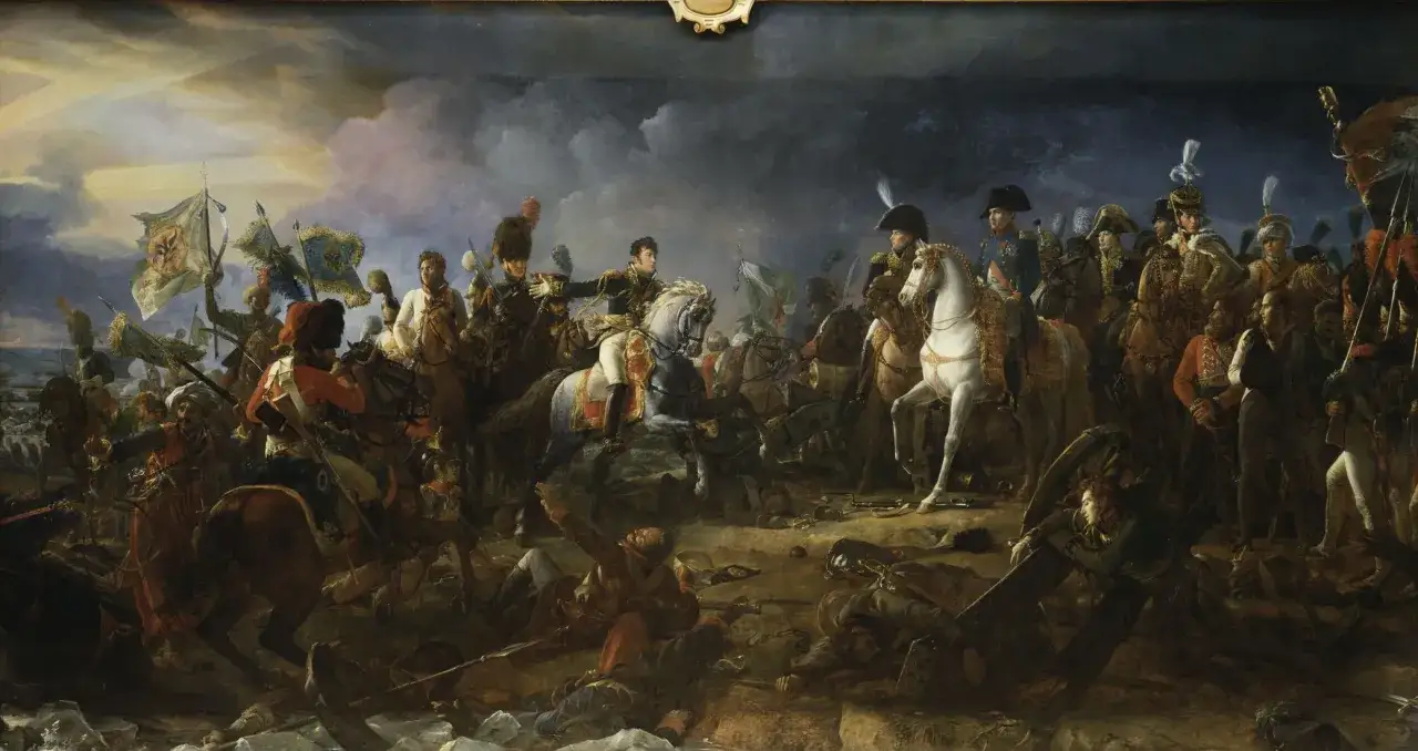 Sc&egrave;ne de bataille &eacute;pique, cavaliers et drapeaux flottent, symbolisant la victoire de Napol&eacute;on.