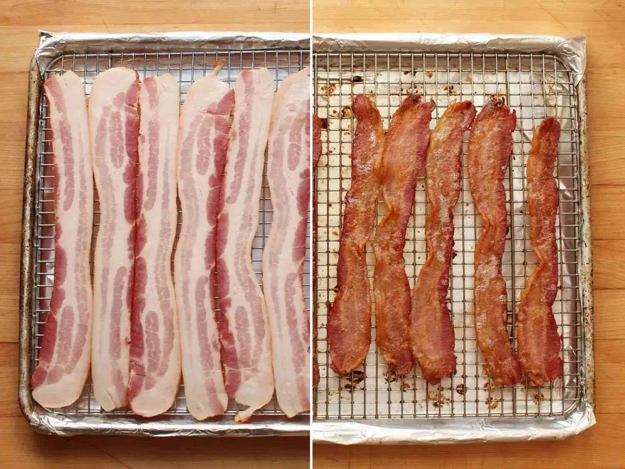 Bacon i ugn, före och efter tillagning. Råa strimlor av bacon ligger på en plåt, bredvid gyllenbruna, krispiga strimlor.