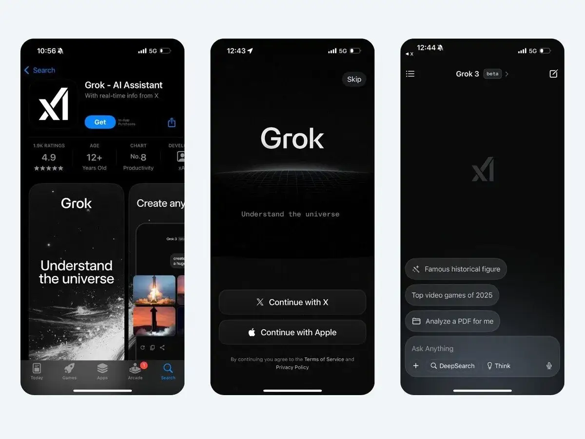 Aplikacja Grok - AI Assistant, która pomaga zrozumieć wszechświat. Widzimy ekran pobierania, ekran powitalny i ekran zadawania pytań.