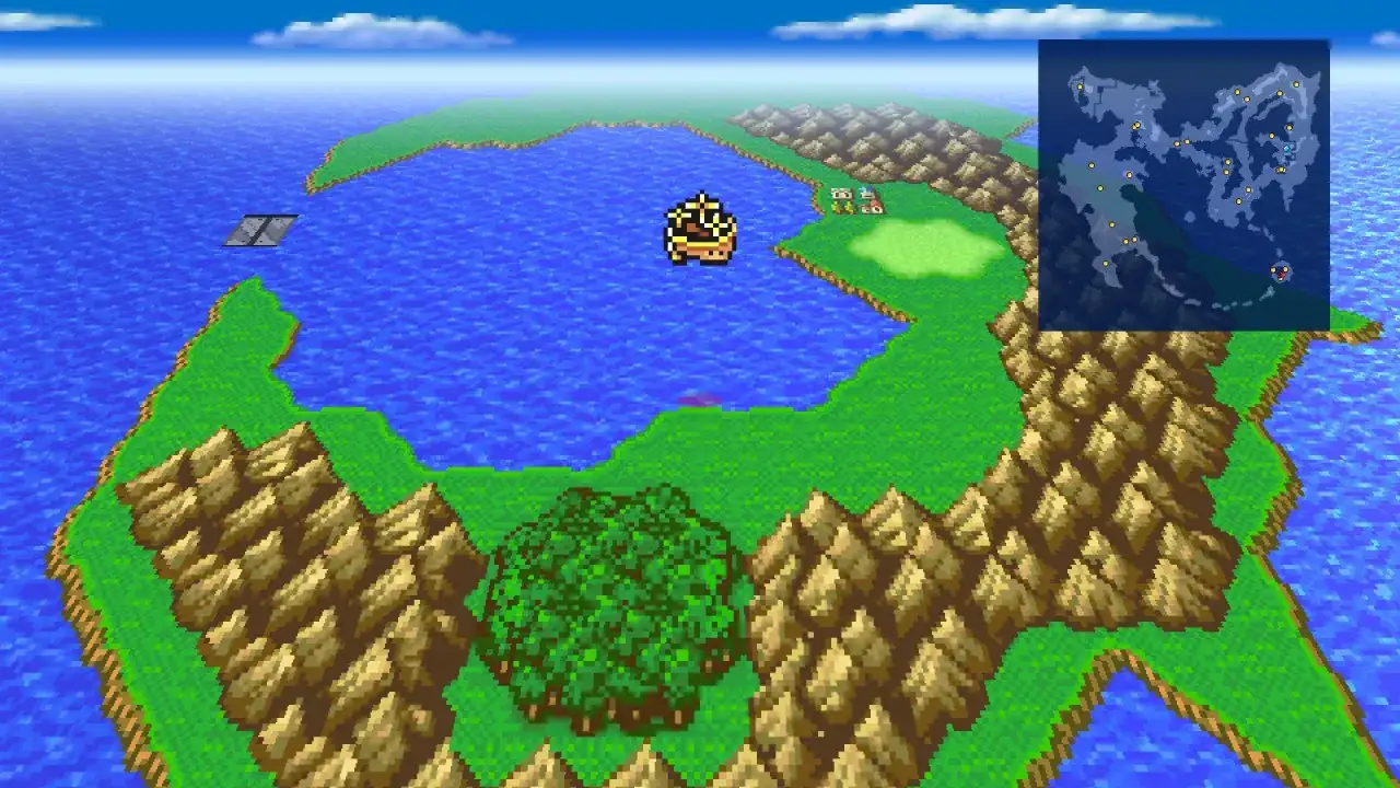 Statek przemierza wody w grze Final Fantasy 5. Na mapie widać wyspy i morze.
