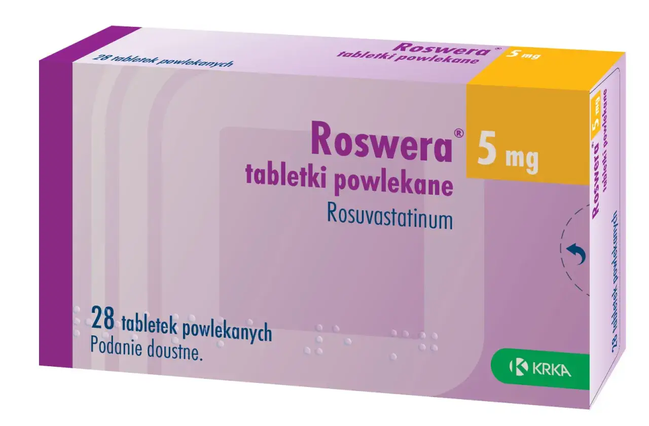 Opakowanie leku Roswera 5 mg, zawierające 28 tabletek powlekanych z rosuwastatyną. Idealne dla osób dbających o zdrowie serca.