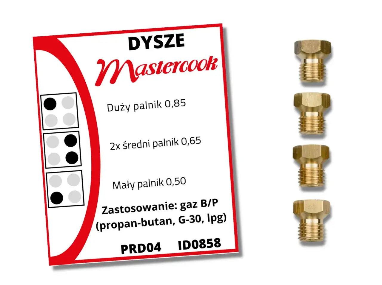 Dysze Mastercook do przystosowania kuchenki gazowej do gazu z butli (propan-butan, LPG). Zestaw zawiera dysze do palników: dużego, dwóch średnich i małego.