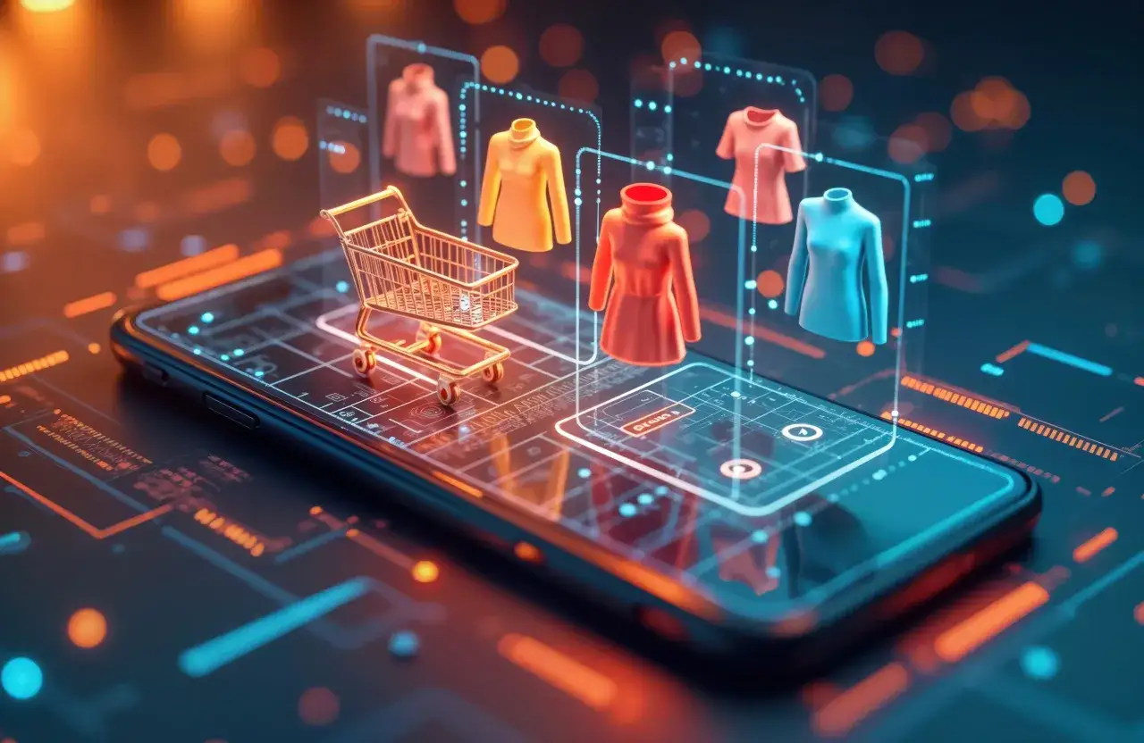 Wirtualny koszyk i ubrania unoszą się nad smartfonem, symbolizując nowoczesne narzędzia e-commerce.