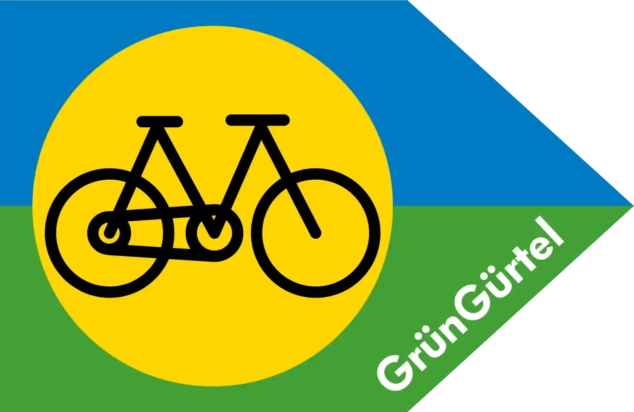 Fahrradtour Frankfurt: Ein Fahrradsymbol auf gelbem Kreis vor blau-grünem Hintergrund mit dem Schriftzug