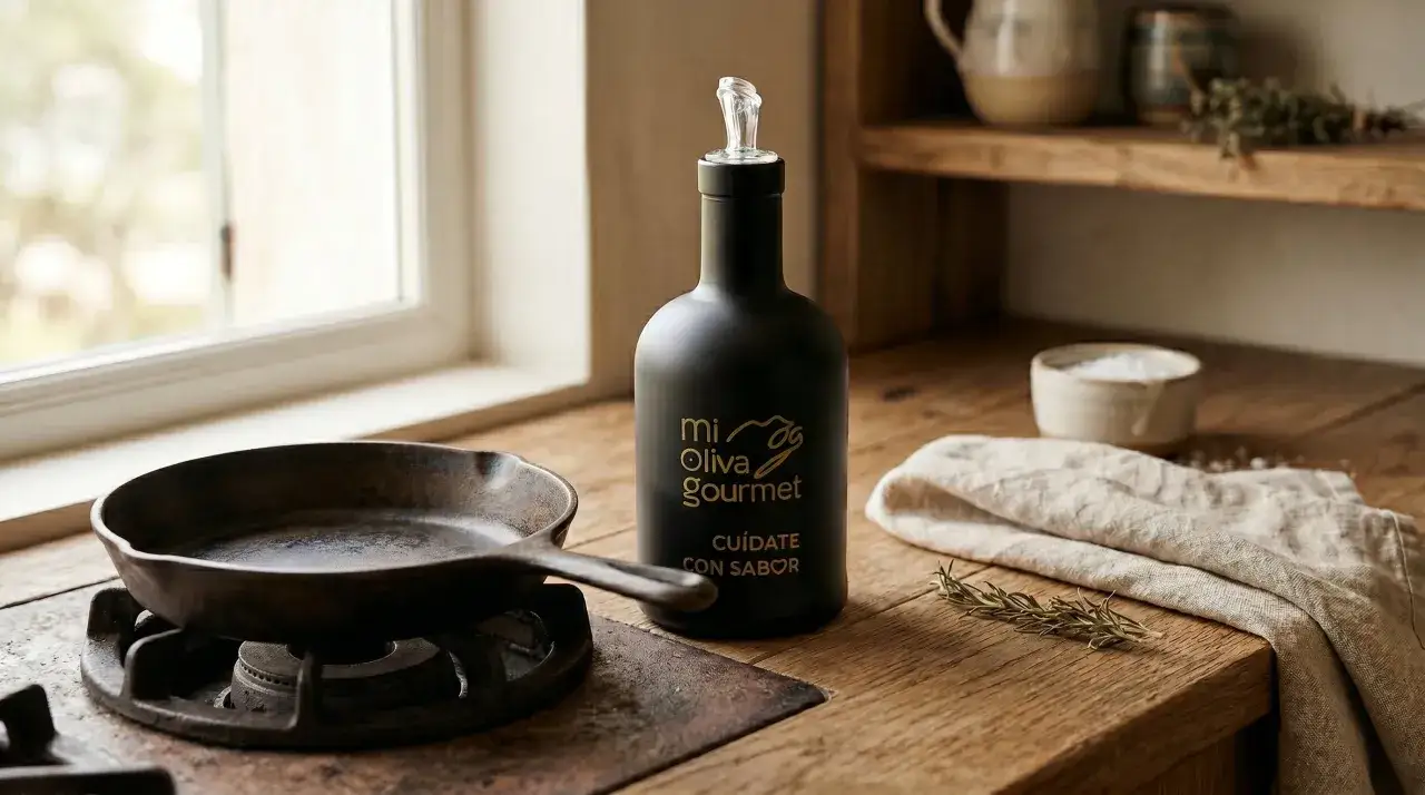 Botella de aceite de oliva gourmet junto a sart&eacute;n. Preg&uacute;ntate cuantas veces se puede usar el aceite de oliva para cocinar.
