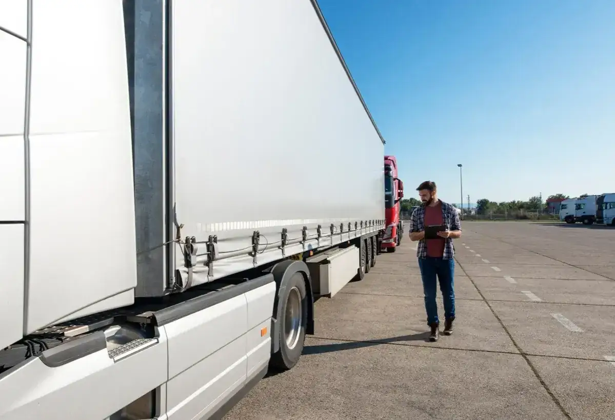 Kierowca sprawdza dokumenty przy naczepie, planując trasę. To przykład, co to jest kabotaż – transport krajowy w obcym kraju.
