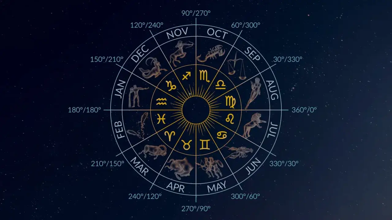 Okrąg zodiaku z symbolami i nazwami miesięcy. W centrum złote słońce. Wąż nie jest widoczny, ale można go sobie wyobrazić jako jeden ze znaków.