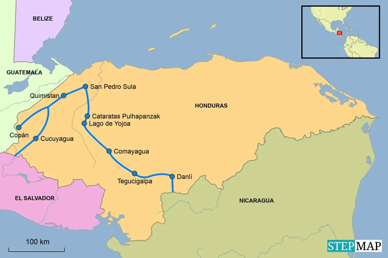 Karte von Honduras mit Reiseroute: San Pedro Sula, Copán, Tegucigalpa. Ideal für Backpacking Honduras.