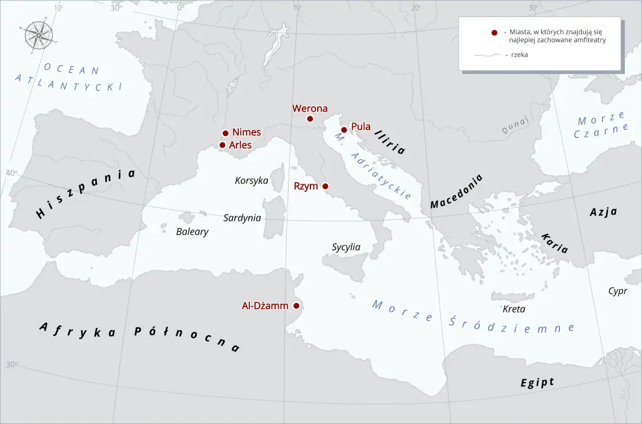 Mapa pokazuje miasta z lektur z antyku, gdzie znajdują się najlepiej zachowane amfiteatry: Rzym, Pula, Arles, Nimes, Werona, Al-Dżamm.