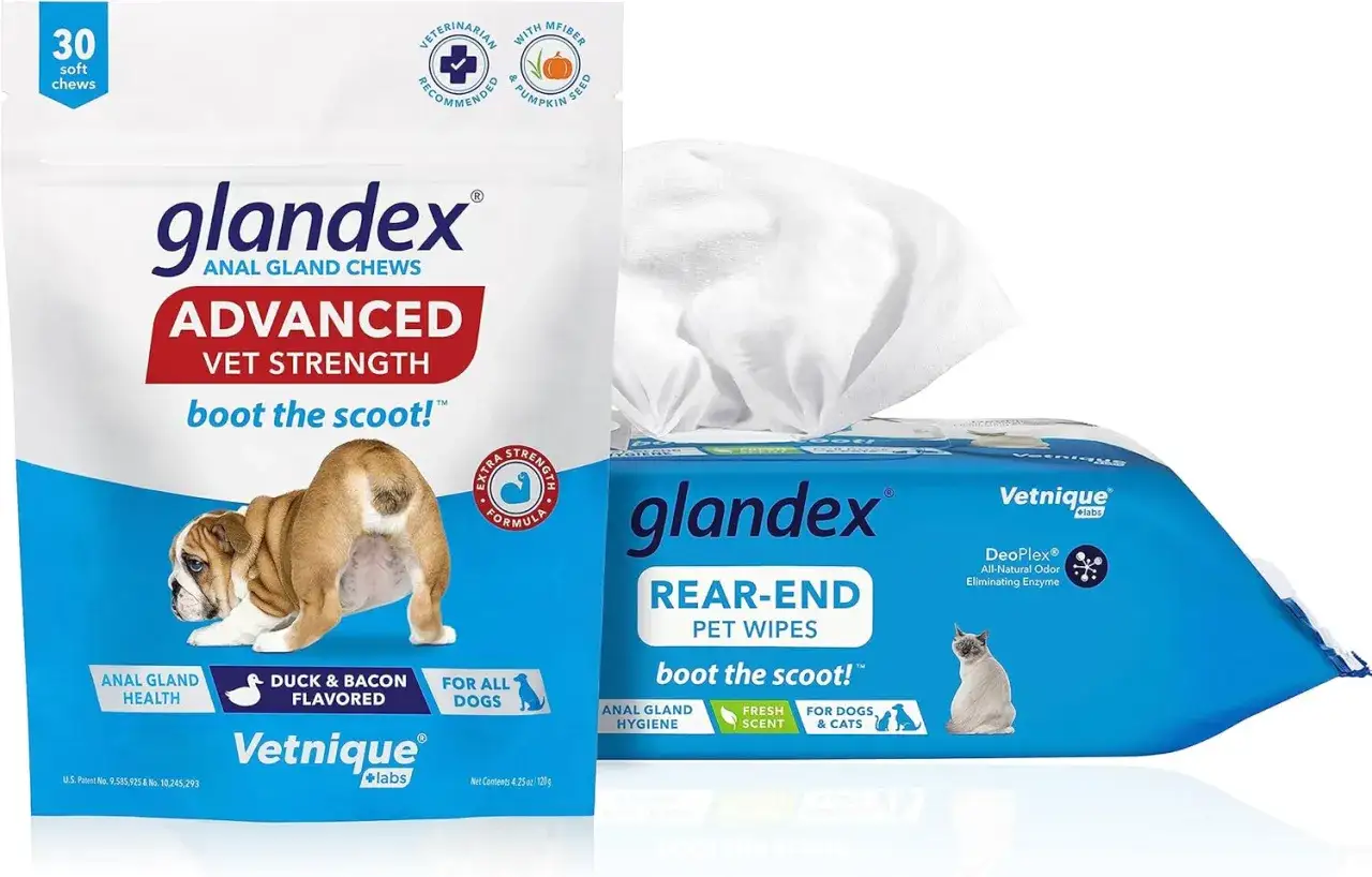 Glandex: przysmaki i chusteczki do higieny okolic odbytu psa, pomagające rozwiązać problem