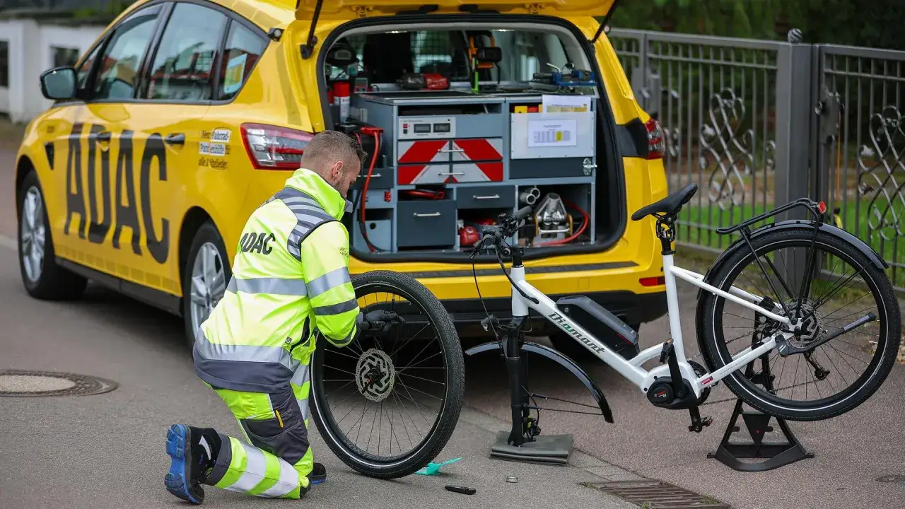 ADAC-Mitarbeiter behebt eine Fahrradpanne. Ein gelbes ADAC-Fahrzeug mit Werkzeugkasten steht daneben.