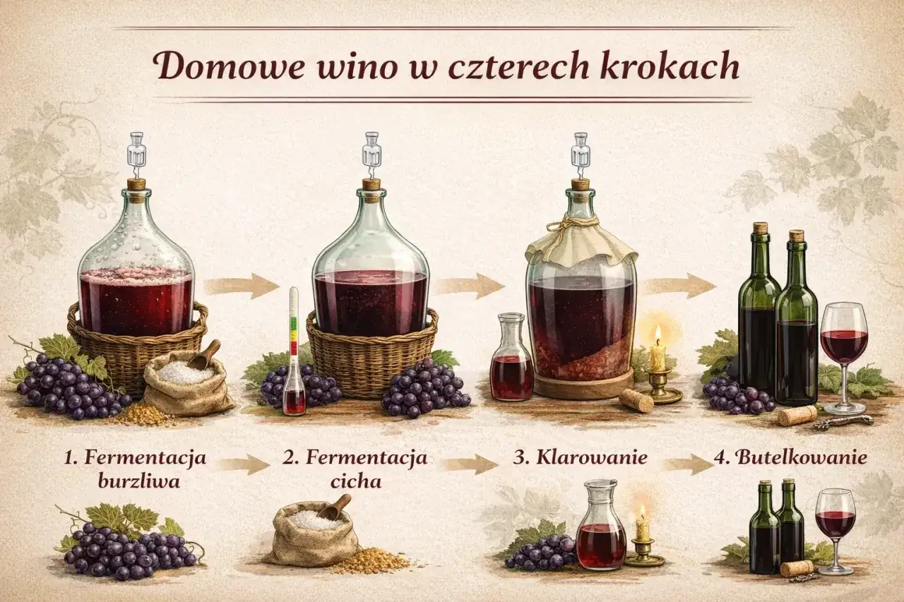 Ilustracja pokazuje proces tworzenia domowego wina. Po jakim czasie można pić wino własnej roboty? Po czterech etapach: fermentacji burzliwej, cichej, klarowaniu i butelkowaniu.