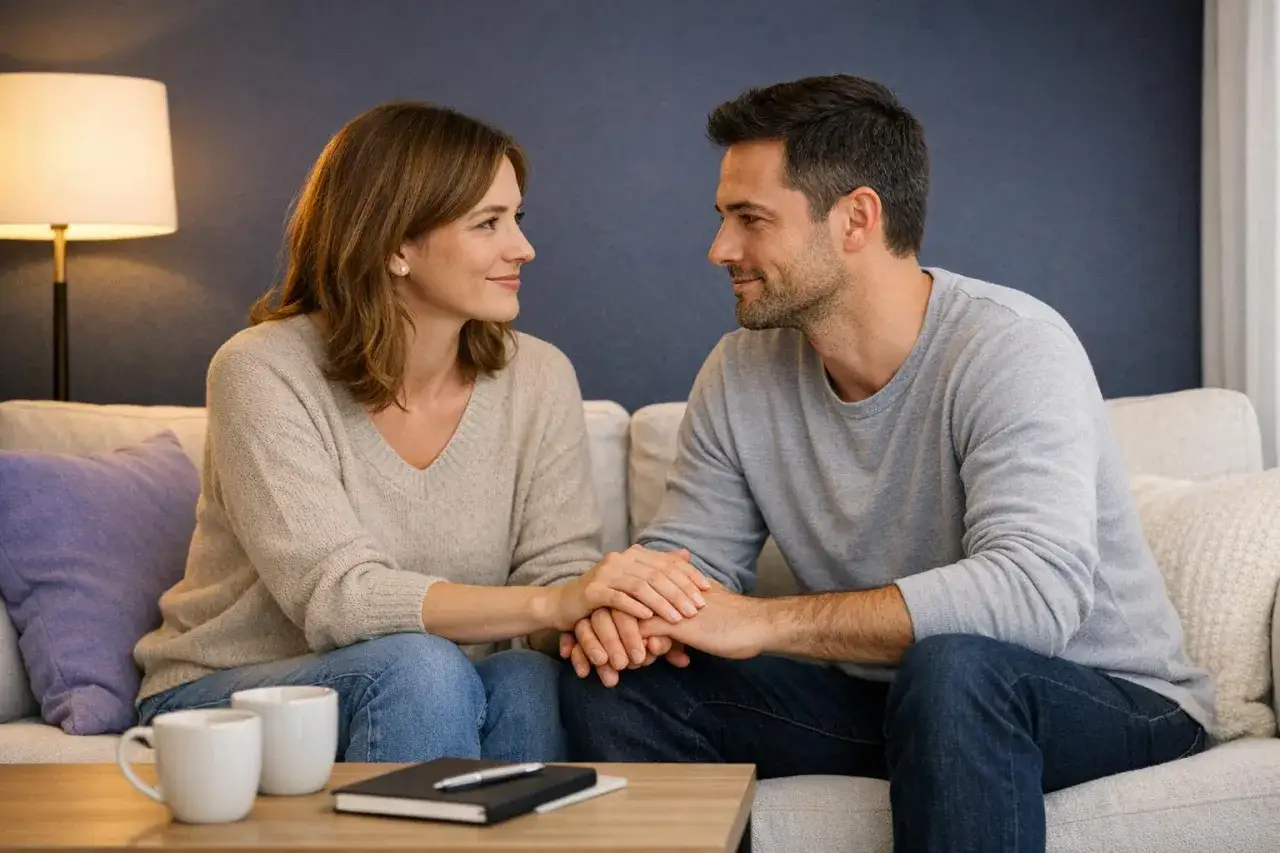 Coppia sul divano, mani intrecciate. Un momento di complicità che potrebbe essere l'inizio per come ribaltare la situazione con un uomo, con uno sguardo intenso e un sorriso.