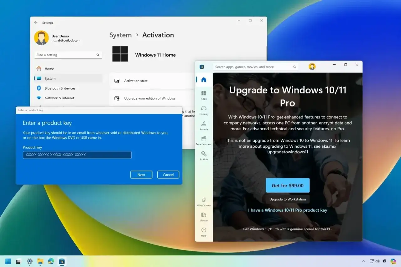 Windows 11 Home zeigt Aufforderung zur Eingabe eines Produktschlüssels. Ein Fenster wirbt für das kostenlose Upgrade von Windows 10 auf Windows 11 Pro.
