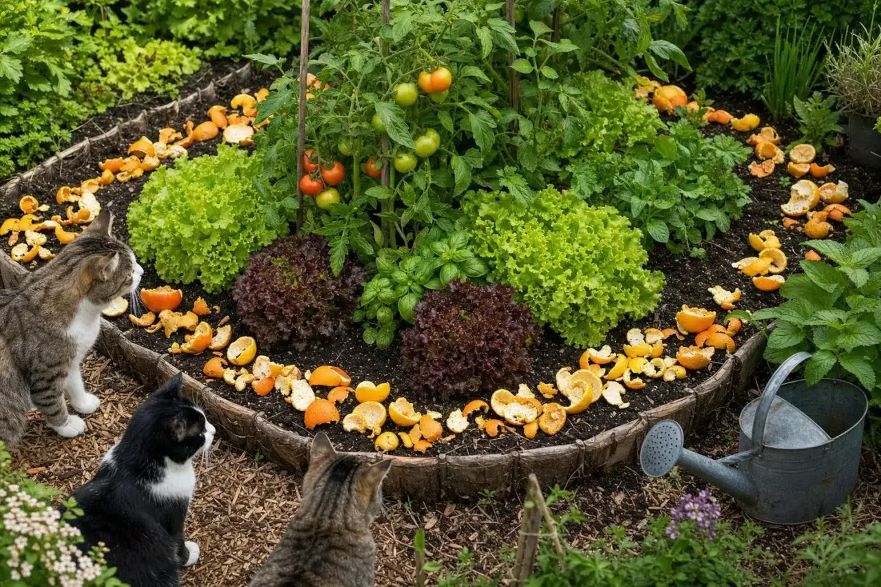 Trois chats observent un potager où des écorces d'orange sont disposées. Un répulsif chat remède de grand-mère naturel pour éloigner les félins des plantations.