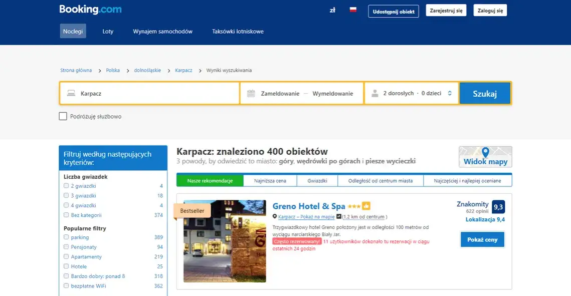 Filtry wyszukiwania noclegów na stronie internetowej