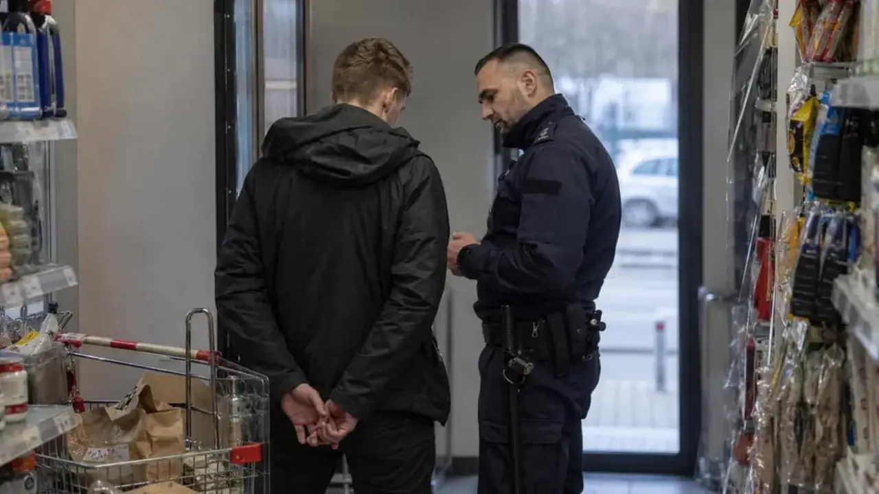 Policjant rozmawia z młodym mężczyzną w sklepie. Mężczyzna ma ręce z tyłu, jakby został zatrzymany. Zastanawia się, od ilu zł jest kradzież.