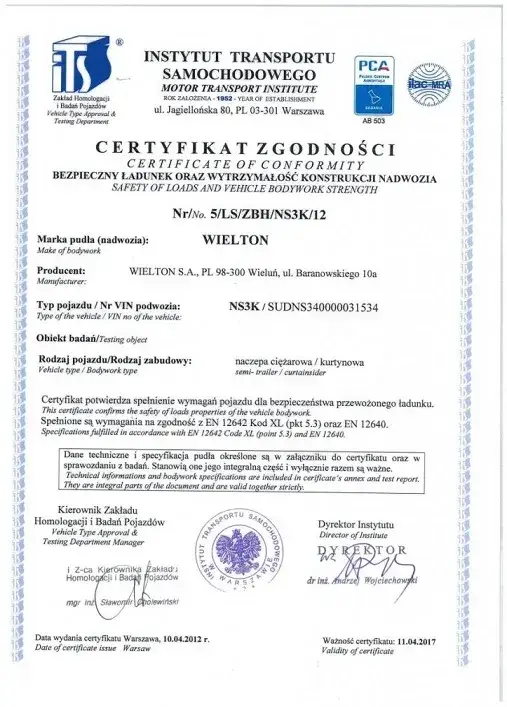 Zdjęcie Certyfikat XL naczepy co to jest i dlaczego jest tak ważny?