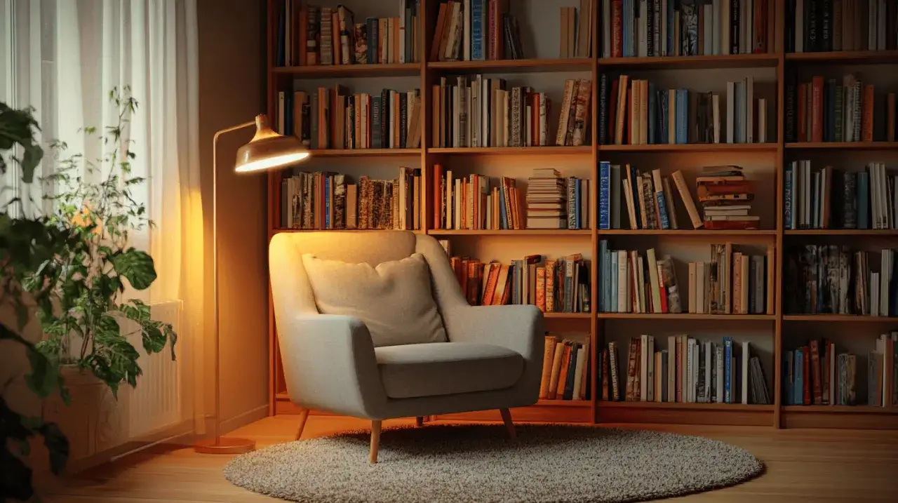 Gemütliches Lesezimmer einrichten: Sessel, Bücherregale voller Bücher, Stehlampe und Pflanze schaffen eine einladende Atmosphäre.
