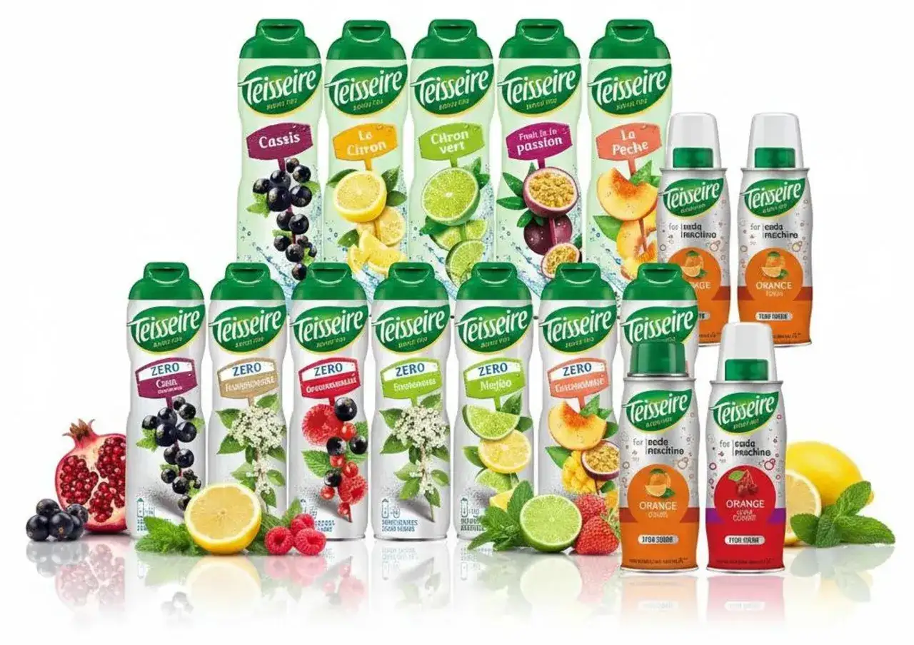 Szeroka gama syrop&oacute;w Teisseire: od klasycznych smak&oacute;w jak czarna porzeczka (cassis), przez cytrusowe, po egzotyczne owoce. W ofercie także grenadyna co to za smak, zero kalorii i wersje zero.