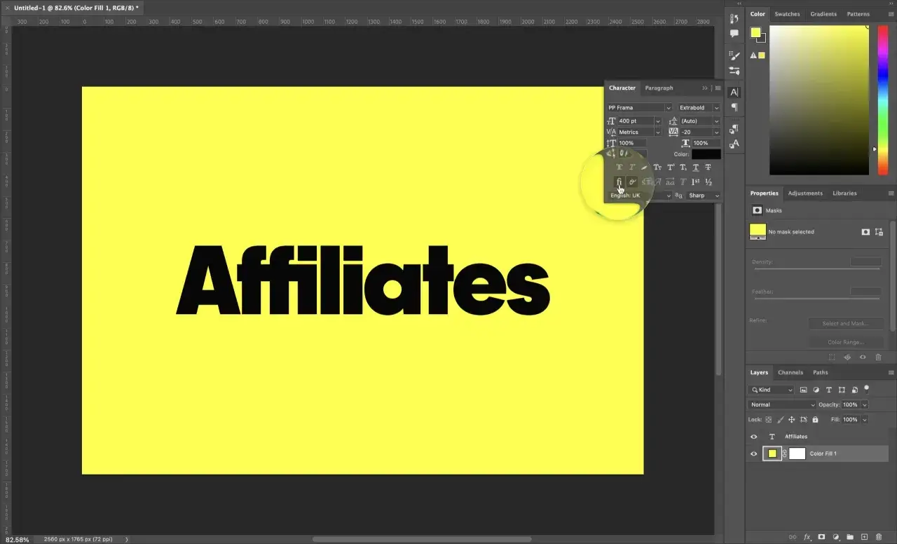Illustrator character panel showing options for ligatures and text styling for the word 