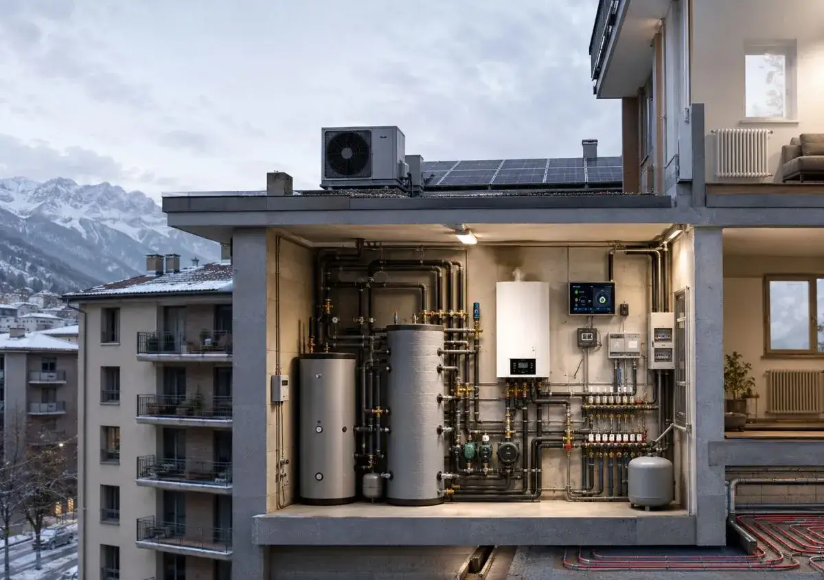 Impianto di riscaldamento moderno con caldaia, pannelli solari e sistema di gestione. Un esempio di **energy service company** che ottimizza i consumi.