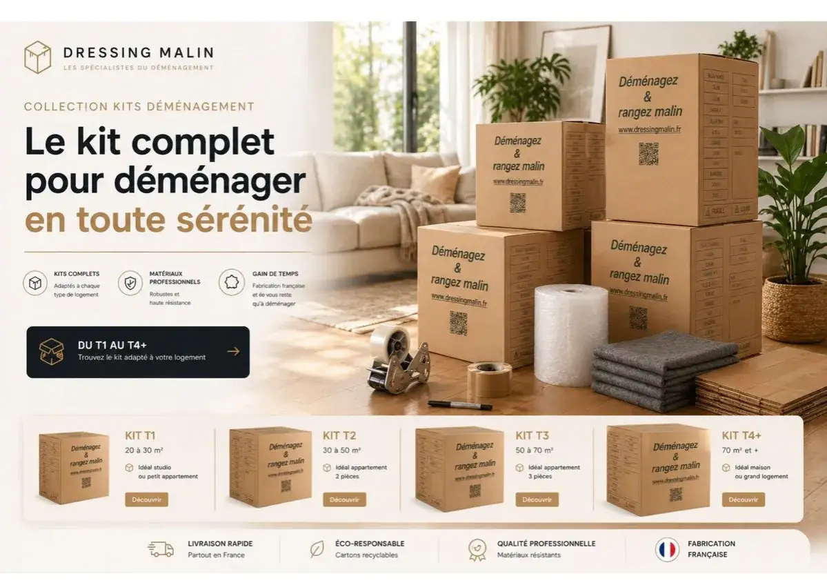 Une sélection de **liste cartons déménagement** de différentes tailles, avec des accessoires comme du film bulle et du ruban adhésif, pour un emménagement serein.