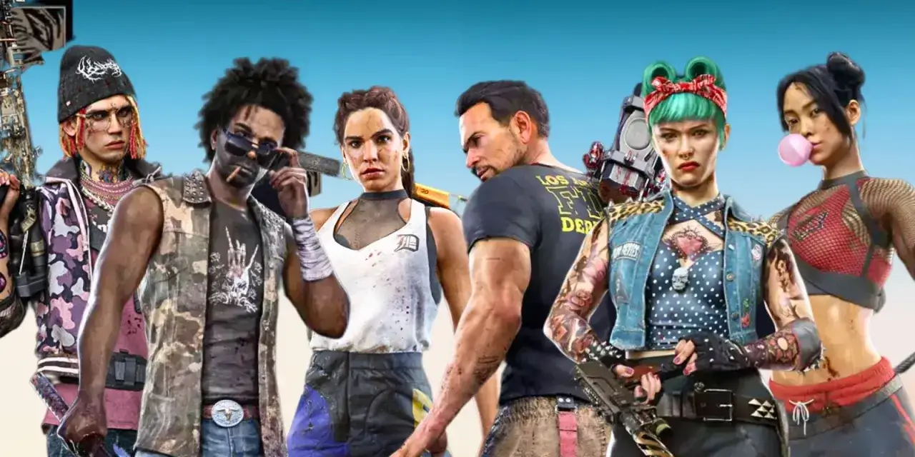 Grupa kolorowych postaci z Dead Island 2, gotowa do walki z zombie.