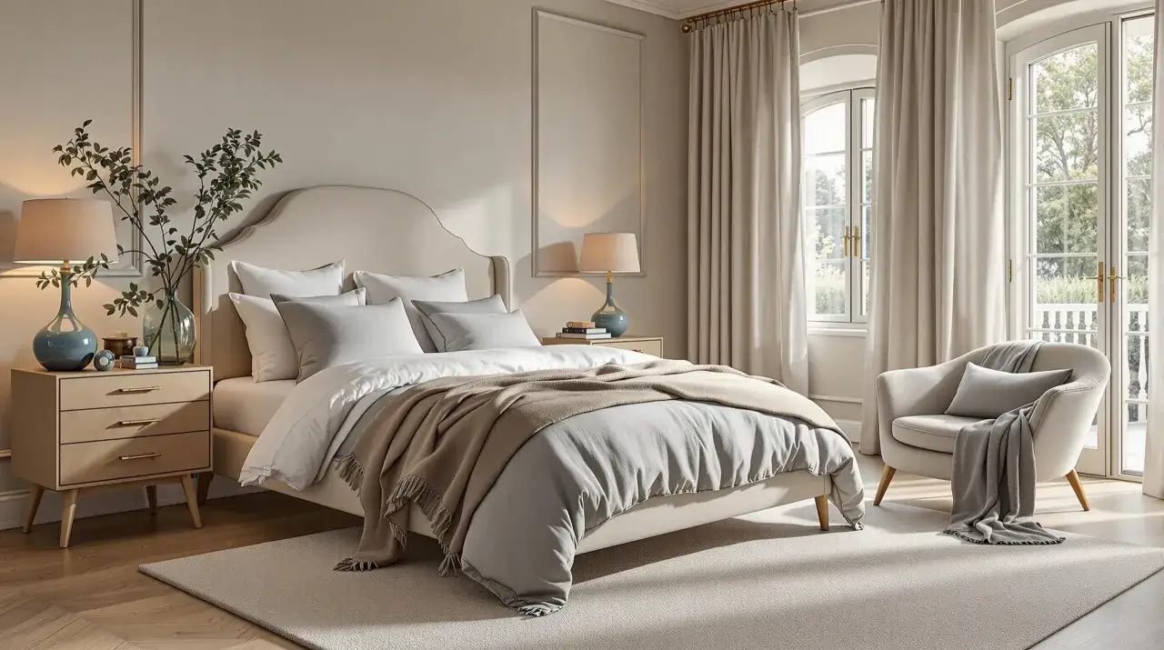 Een serene slaapkamer, klaar voor een rustig wakker worden. Zacht ochtendlicht valt door de ramen op een comfortabel bed met lichte plaids.
