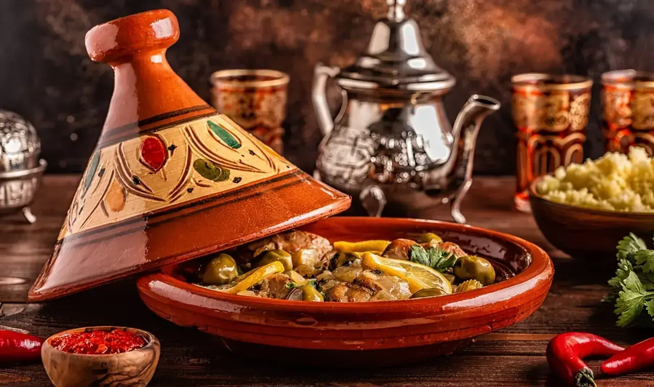 Un plat de tajine ouvert, révélant une délicieuse recette marocaine avec du poulet, des olives et du citron. Théière et verres traditionnels en arrière-plan.