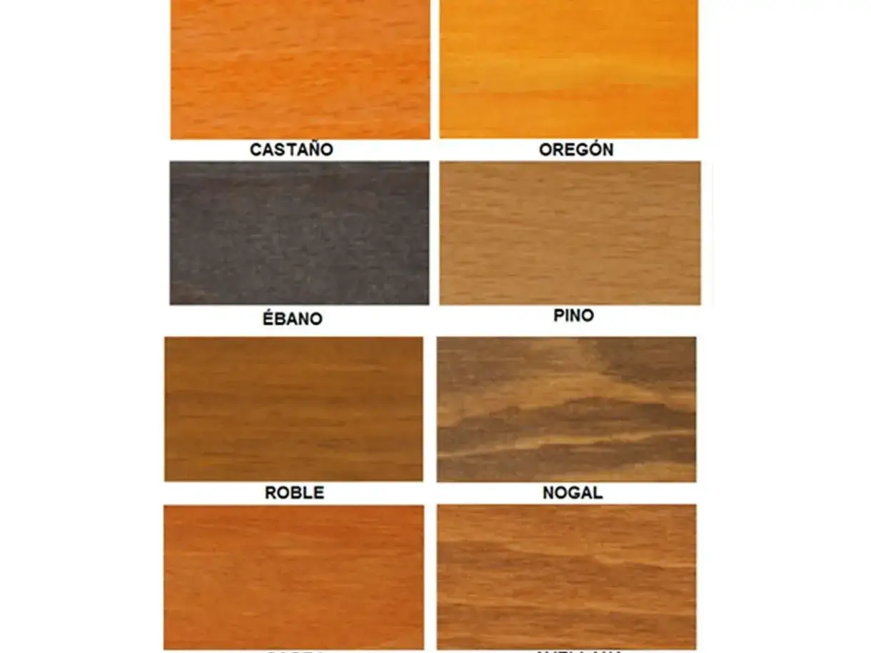 Muestras de madera te&ntilde;ida en varios tonos: casta&ntilde;o, oreg&oacute;n, &eacute;bano, pino, roble y nogal. Se puede barnizar sin tapaporos.