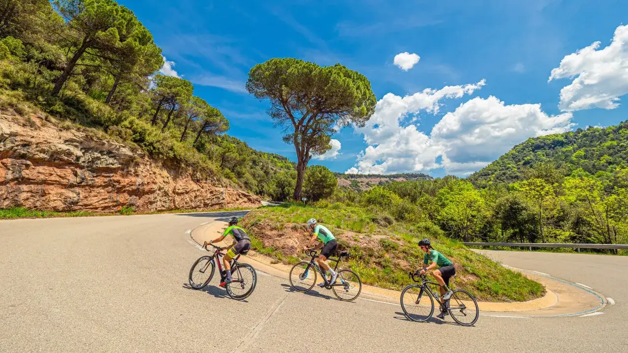 Drei Radfahrer genie&szlig;en eine Fahrradtour Barcelona auf einer kurvigen Stra&szlig;e mit felsigen H&auml;ngen und &uuml;ppiger Vegetation.