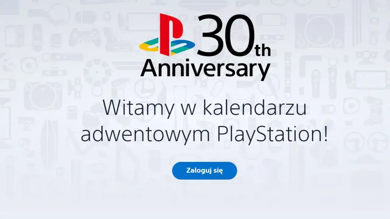 Logo PlayStation 30th Anniversary. Witamy w kalendarzu adwentowym PlayStation! Zaloguj się.