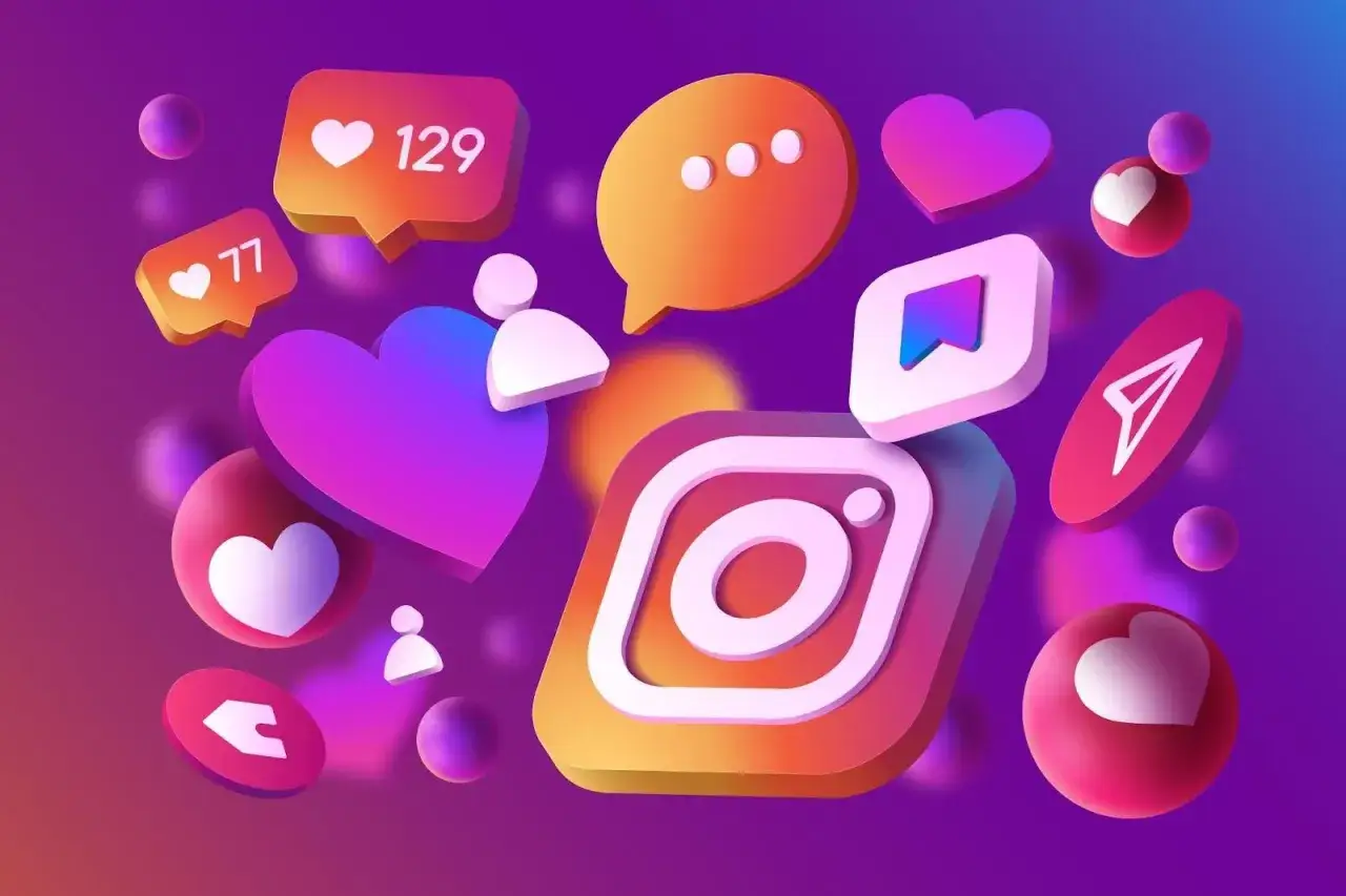 Ikony Instagrama i powiadomienia: serduszka, komentarze, obserwujący. W tle gradient fioletu i pomarańczy.