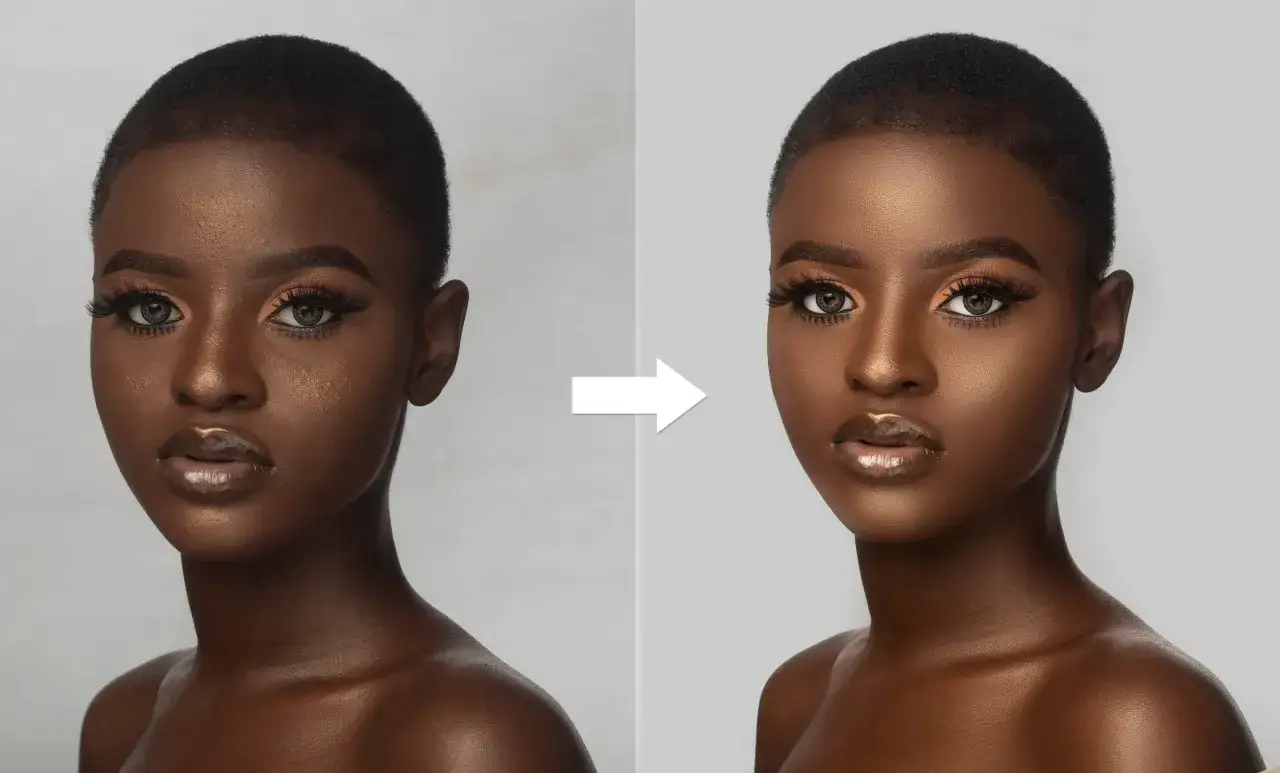 Avant/après : un portrait de femme sublimé par un travail de portrait photoshop, peau lisse et éclatante.