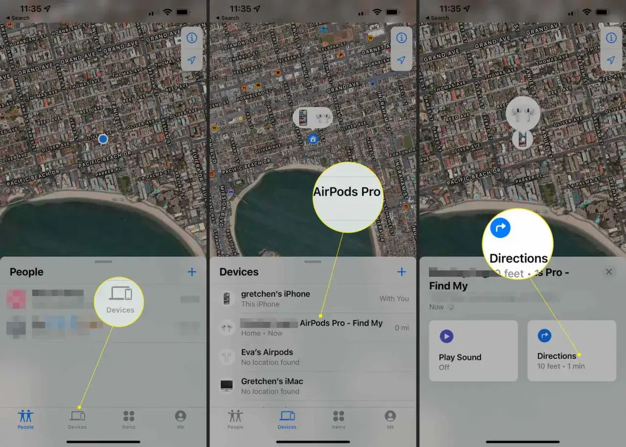 Jak znaleźć AirPods Pro? Aplikacja Znajdź mój iPhone pokazuje lokalizację słuchawek na mapie i pozwala uzyskać wskazówki.