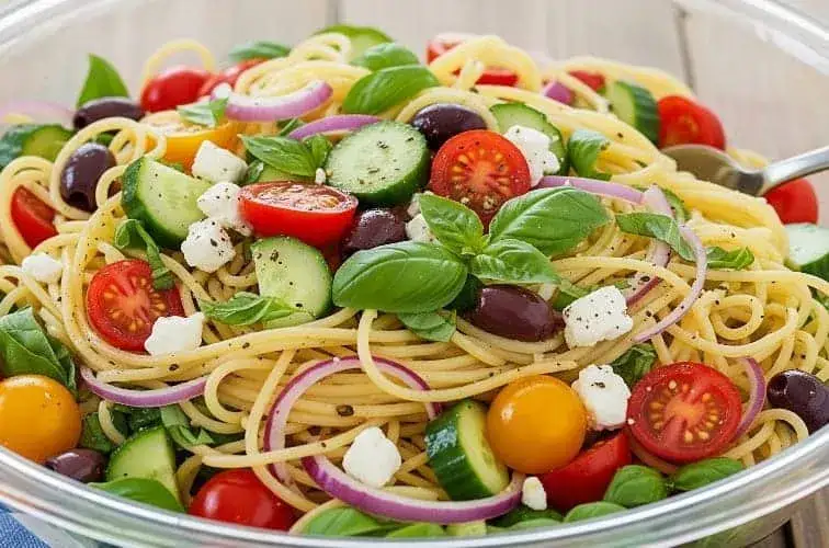 verschiedene kalte spaghettisalate auf einem buffet