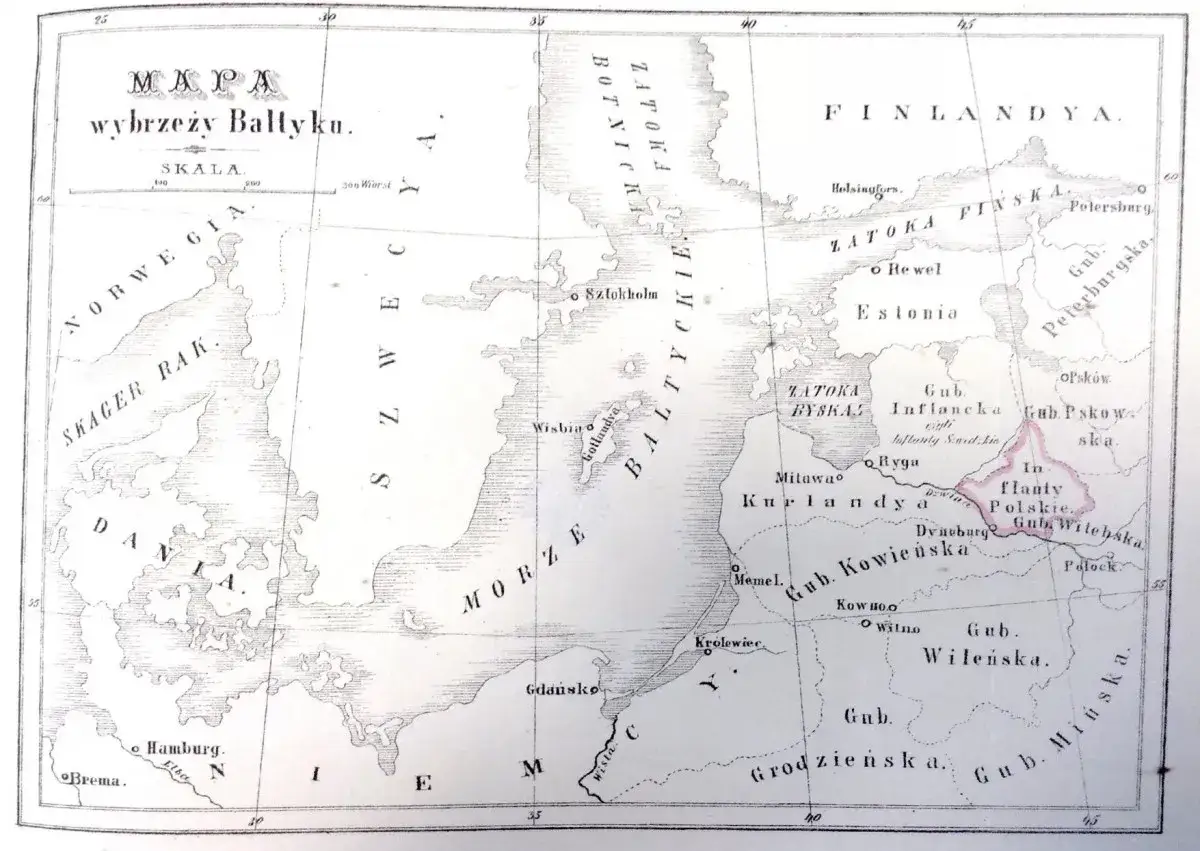 Mapa wybrzeży Bałtyku z zaznaczonymi Inflantami Polskimi. Widoczne Daniia, Szwecja, Finlandia, Estonia, Kurlandia.