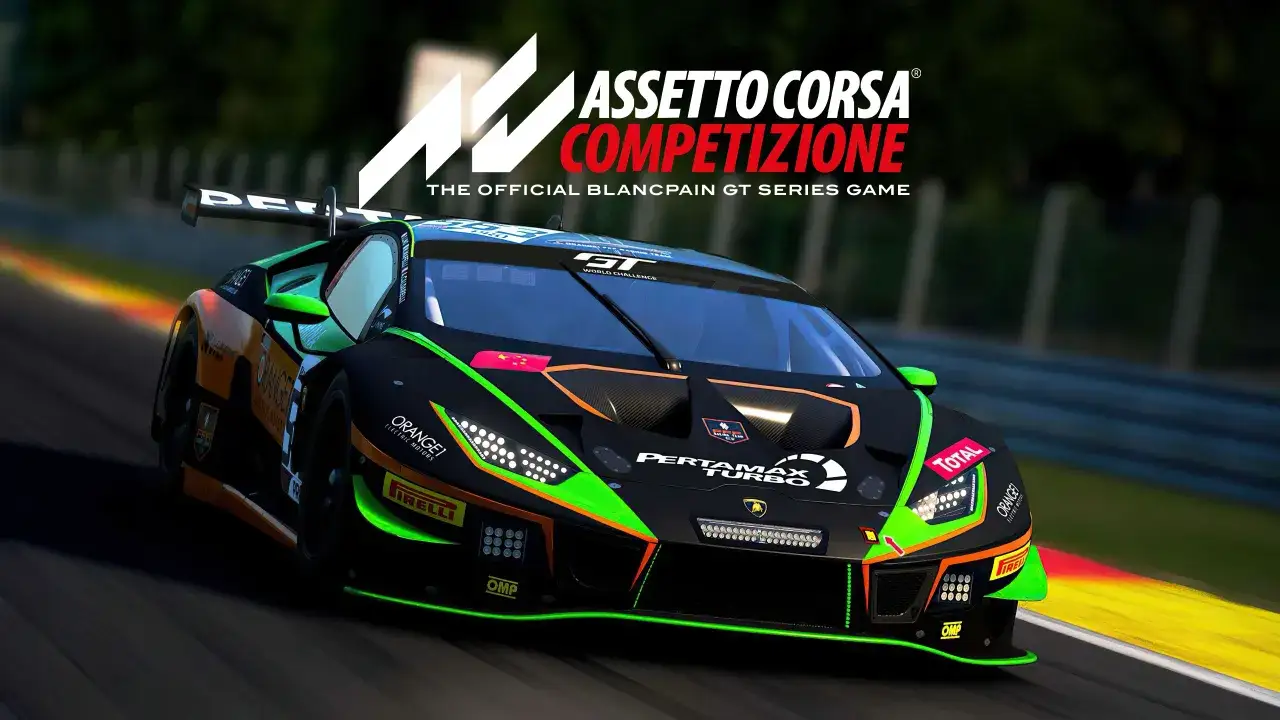 Lamborghini w grze Assetto Corsa Competizione na Xbox pędzi po torze.