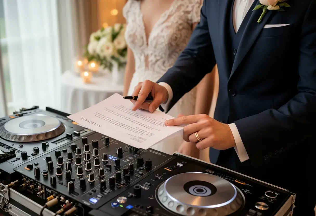 Pan młody podpisuje umowę dj. na tle panny młodej i dekoracji weselnych.