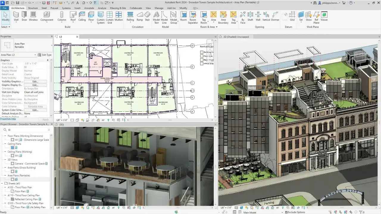 Program dla architekt&oacute;w: widok planu piętra i wizualizacja 3D budynku mieszkalnego z elementami komercyjnymi.