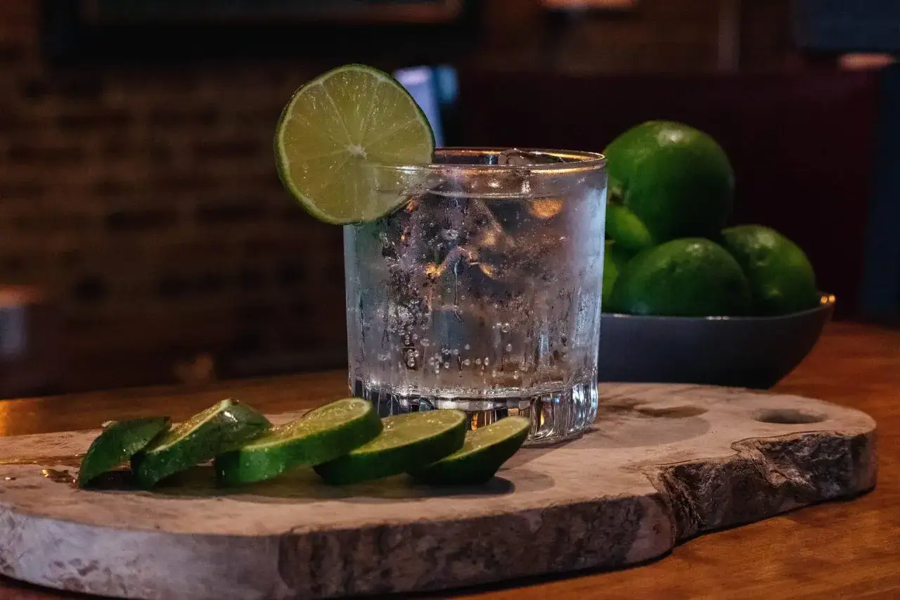 Erfrischender Gin Tonic mit Eis, Limettenscheiben und frischen Limetten als Zutaten.