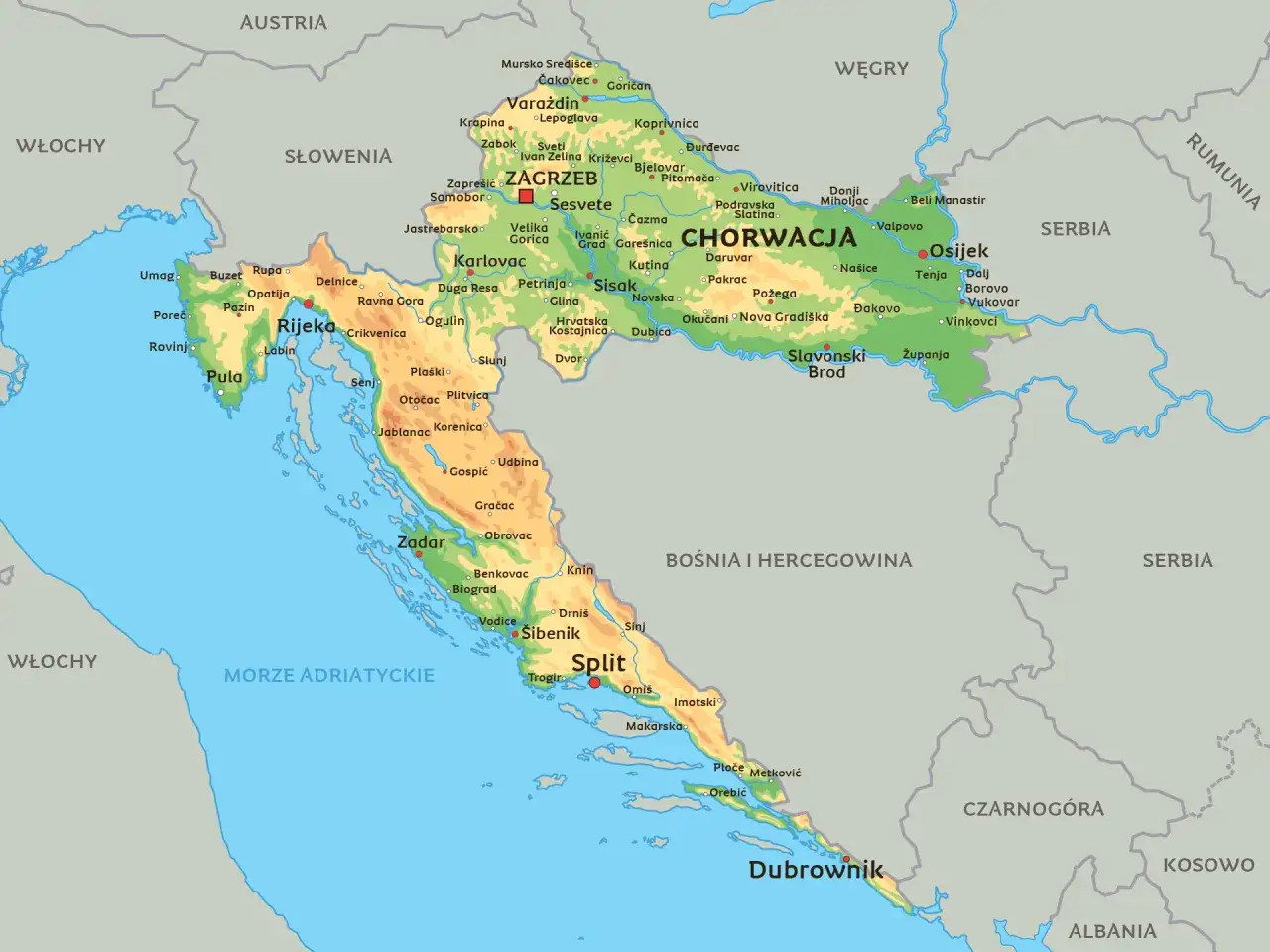 Mapa Chorwacji z zaznaczonymi popularnymi regionami turystycznymi
