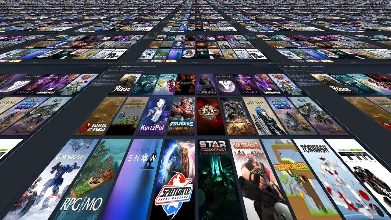 Una vista infinita de carátulas de juegos de Steam, mostrando una gran variedad de títulos disponibles, muchos de ellos son juegos gratis Steam.