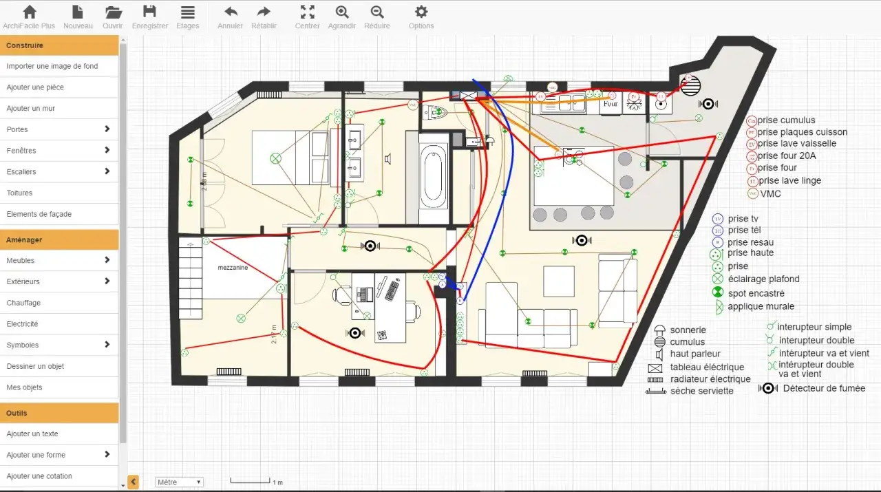 Plan &eacute;lectrique maison : sch&eacute;ma d&eacute;taill&eacute; des circuits &eacute;lectriques, prises, &eacute;clairages et appareils m&eacute;nagers dans un appartement.