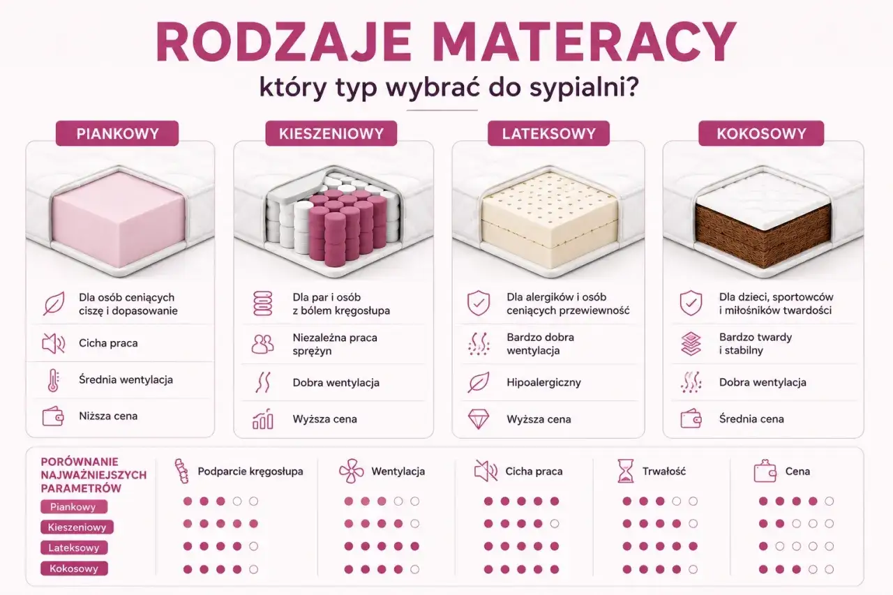 Por&oacute;wnanie materacy: piankowy, kieszeniowy, lateksowy, kokosowy. Dowiedz się, jaki materac wybrać do sypialni, analizując ich cechy.